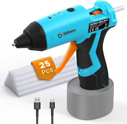 Cordless Hot Glue Gun, GoGonova 15s Fast Preheating 5Ah Built-in Battery Hot Melt Glue Gun, Smart Power-Off, Kit with 25 Pcs Premium Mini Glue Sticks and USB-C Charging Port