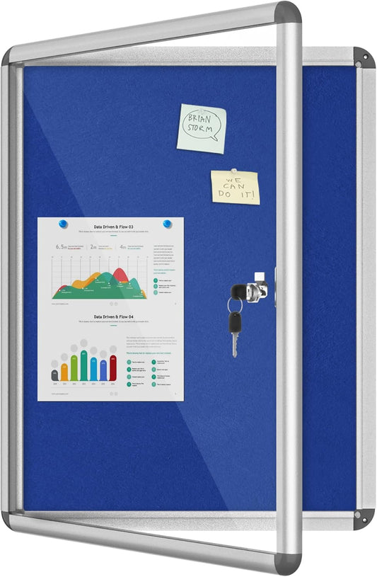 26"x20" Enclosed Bulletin Board, Lockable Weather-Resistant Aluminum Cork Noticeboard for School & Office, Silver Frame w/Blue Flet