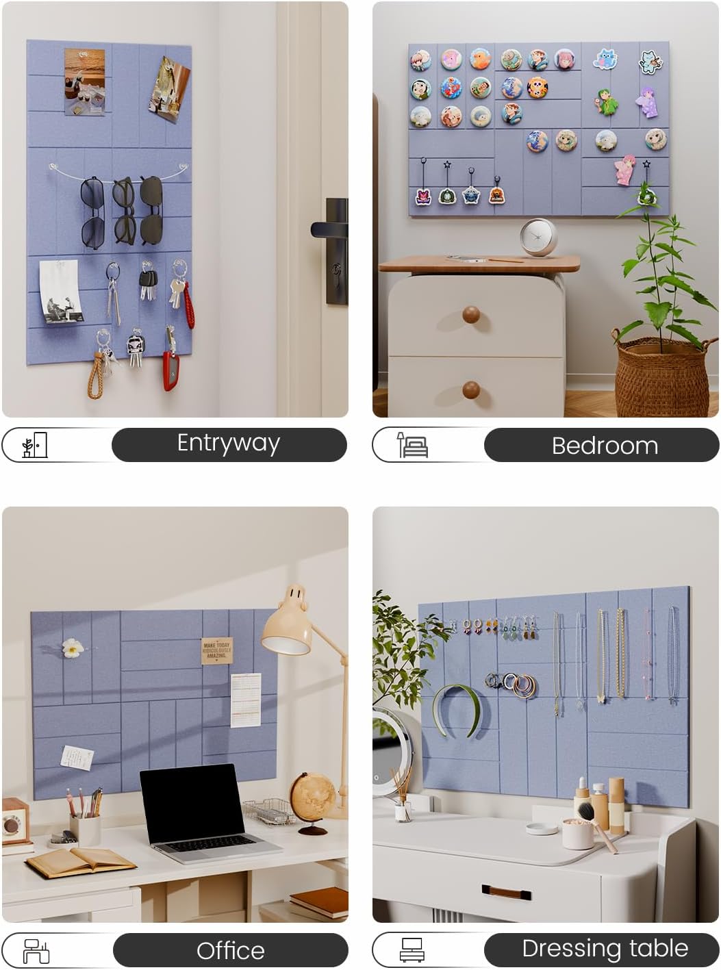Felt Bulletin Board Tiles -28"x18" with 40 Adhesive Tabs, Cork Board Alternative for Office Decor, Push Pin Board Wall Organizer 6-Pack(Soft Periwinkle)