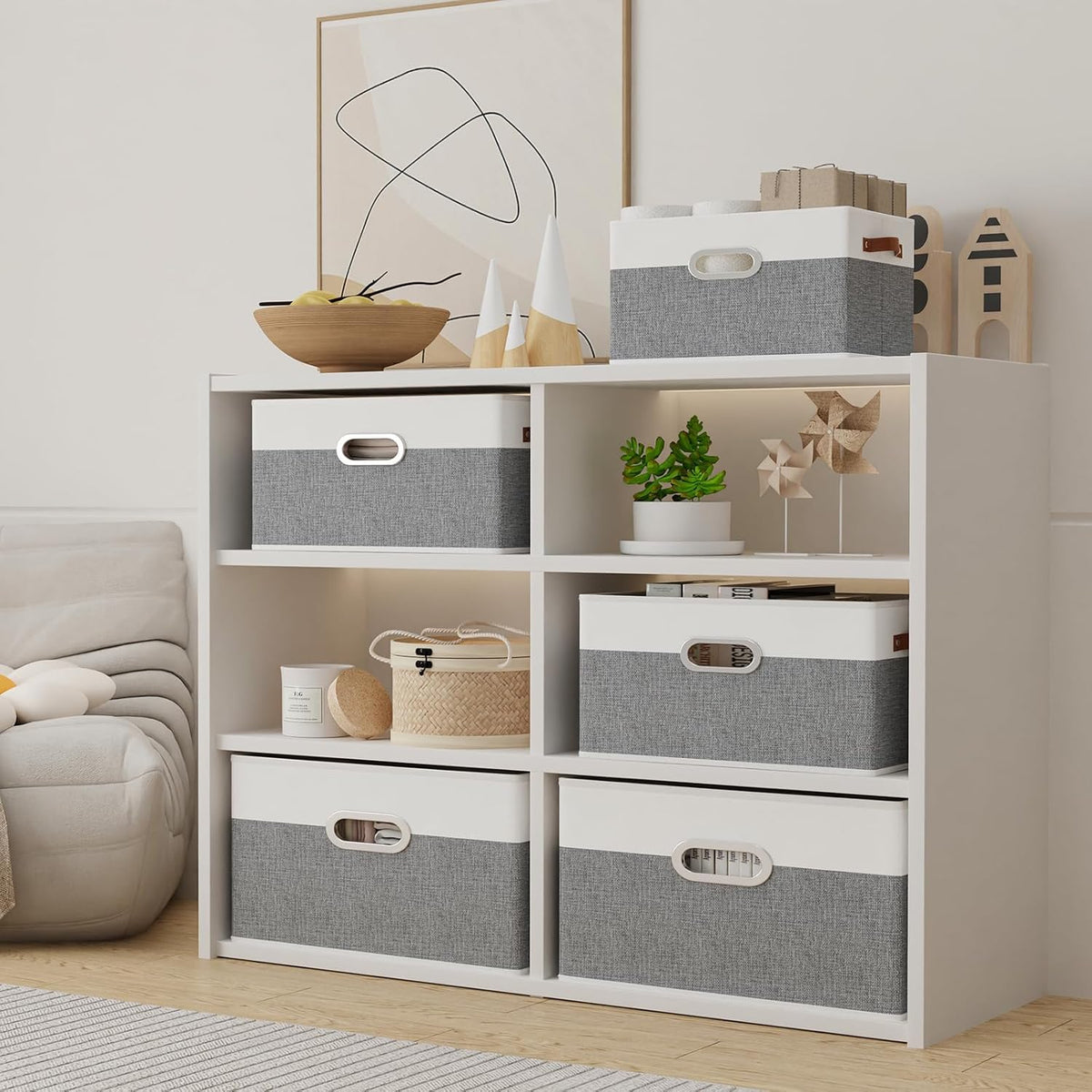 Yawinhe Foldable Storage Baskets for Shelves, Fabric Closet Organizers, Bins with 3 Handles, Cubes for Clothes, White/Grey, 15''Lx9.8''Wx8.3''H, 4-Pack