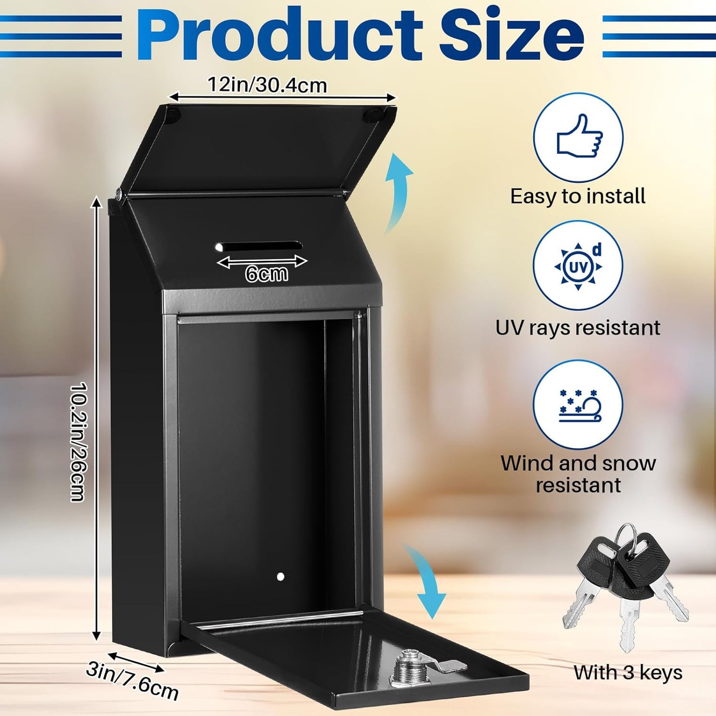 Metal Donation Box Collection Safe Suggestion Box with Slot and Lock Waterproof Wall Mounted Mailbox Money Container Lock Key for Home Outdoor Door, 10.2 x 5.7 x 3 Inch(Black)