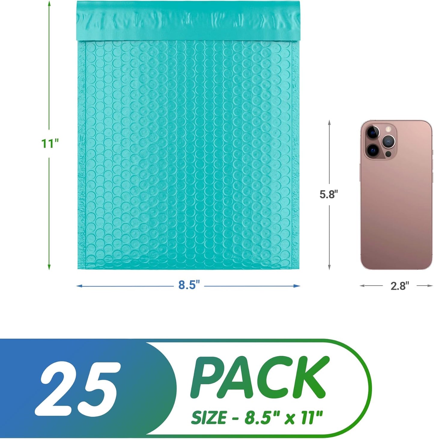 Teal Poly Bubble Mailers Self Seal, 8.5 x 11 Inch. Pack of 25 Bubble Packaging Envelopes for Shipping. Durable Padded Envelopes Waterproof. Self Seal Padded Mailers. Shipping Packages