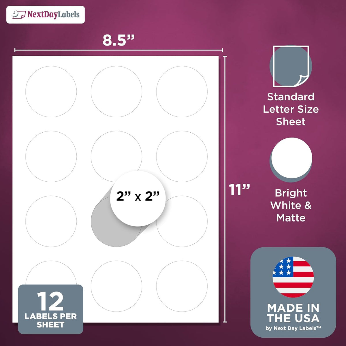 NextDayLabels - 2 Inch Round Circle Stickers - Matte White Blank Laser/Inkjet Printer Labels (300 Labels, 25 Sheets, 12 Per Sheet)