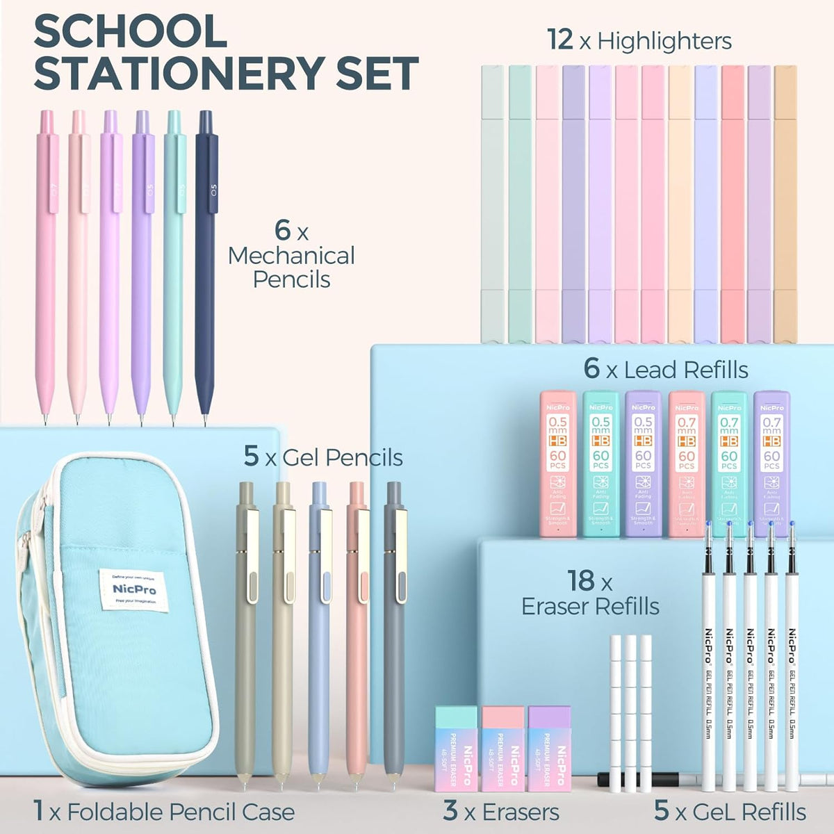 Nicpro 39 PCS Aesthetic School Supplies with Cute Pen Case, 12 Pastel Highlighters, 5 Black Ink Gel Pens, 6 Mechanical Pencils Set 0.5 & 0.7mm for Students Stationary College Essentials (Blue)