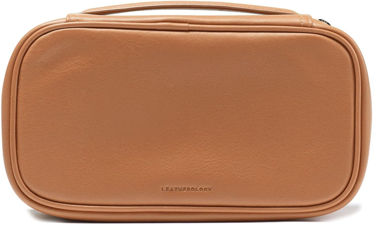 Leatherology Cognac Medium Travel Organizer - Zipped mesh storage pocket, elastic loops for organization, metal zipper with leather pull