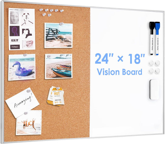 ARCOBIS Cork Board White Board Combo, 24 x 18 Inch Bulletin Board, Magnetic Dry Erase Board & Corkboard for Wall, Vision Board for Home, Office, School, Silver Frame