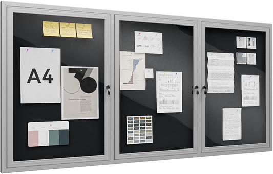72"x36" Lockable Enclosed Bulletin Board, Outdoor Flet Weather-Resistant Aluminum Frame Notice Board, Wall Mounted Display Case Acrylic Doors for School,Office,Silver Frame w/Black Flet