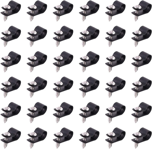 Swpeet 60 Pack Black 5/16 Inch Nylon Plastic R-Type Cable Clips Clamp Kit, Nylon Screw Mounting Cord Fastener Clips with 60 Pack Screws for Wire Management (5/16 Inch, Black)