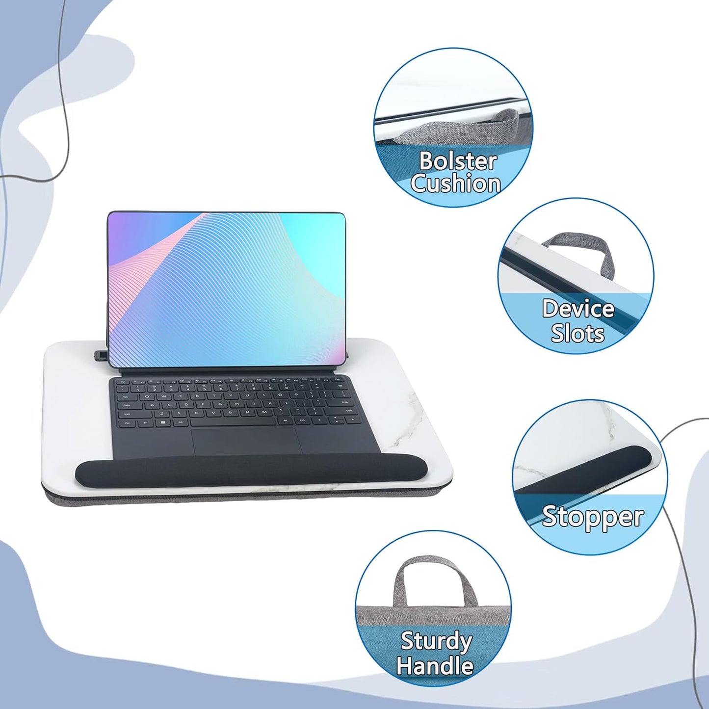 Portable Laptop Desk Fits Up to 16“ Laptops, with Tablet Slot, Built-in Cushion, Great for Home & Office,Lap Desk for Laptop,Lap Desk with Cushion (White Marble with Wrist Rest, Medium)
