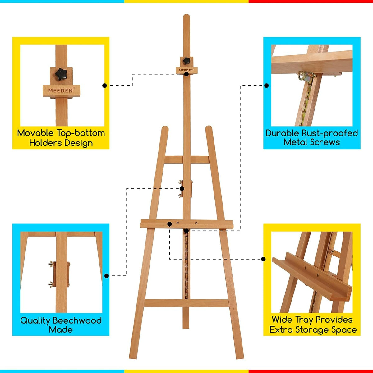 MEEDEN Painting Wooden Art Easel: Solid Beechwood Display Easel Stand Hold Canvas up to 43'' - Adjustable Easel from 57''-76" for Adults Student Studio Gallery - Natural