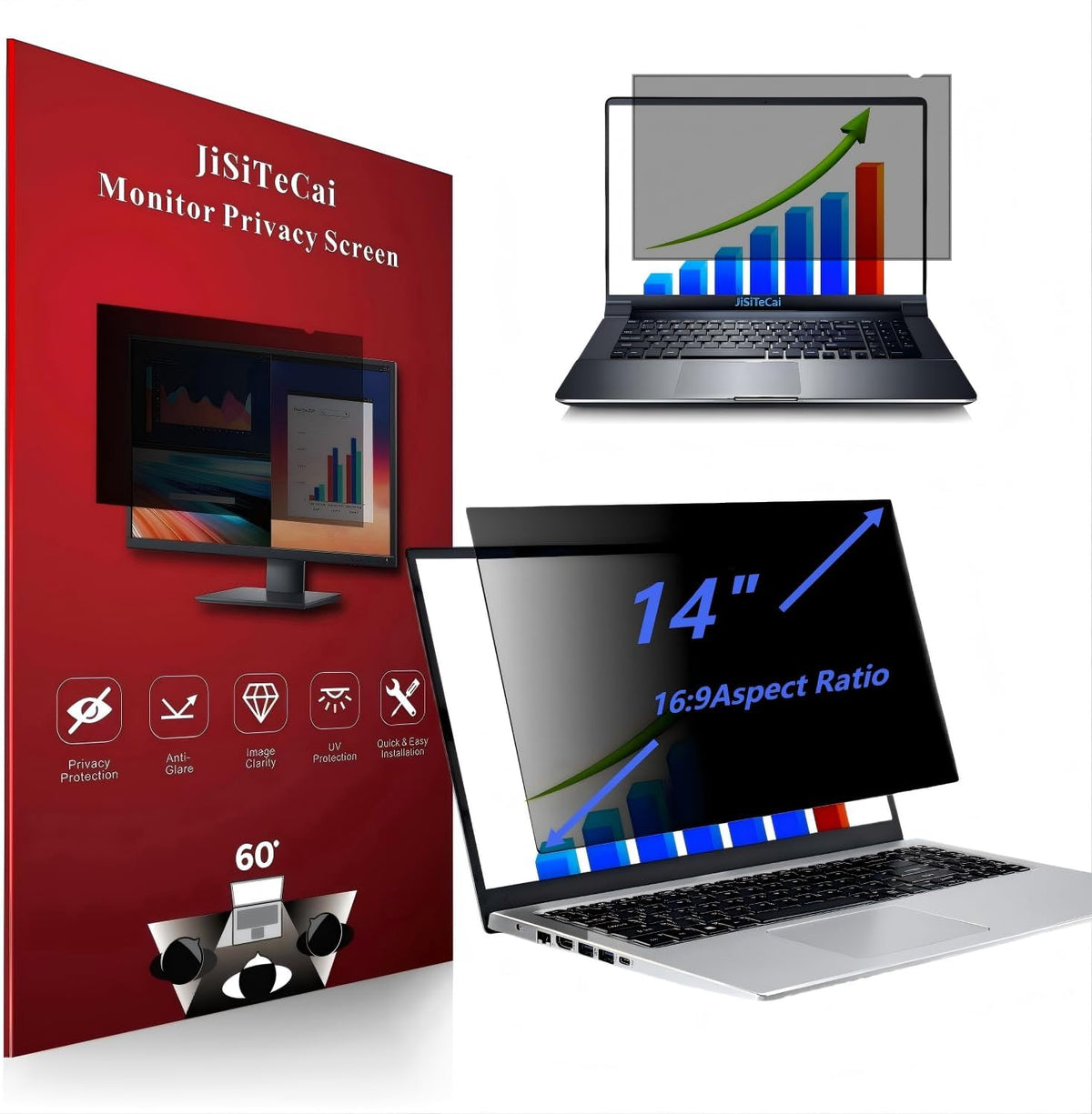 14" Computer Privacy Screen Filter for (16:09) Screen Monitor - Premium Anti-Glare Computer Screen Cover - Scratch Resistant - UV & Blue Light Screen Protector (Black-14)