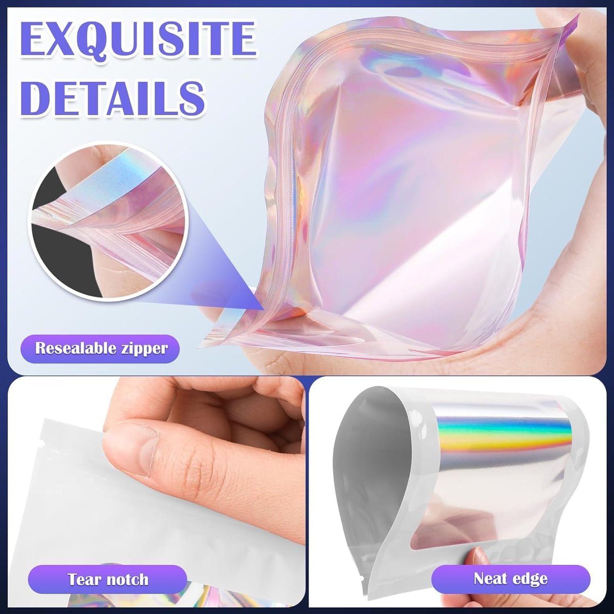 300 Pcs Mylar Bags, Smell Proof Bags Foil Pouch, Holographic Resealable Bags for Small Business, Candy Sample Jewelry Bag Sealable Packaging for Party Favor Food Storage (2.4x3.9in-White)
