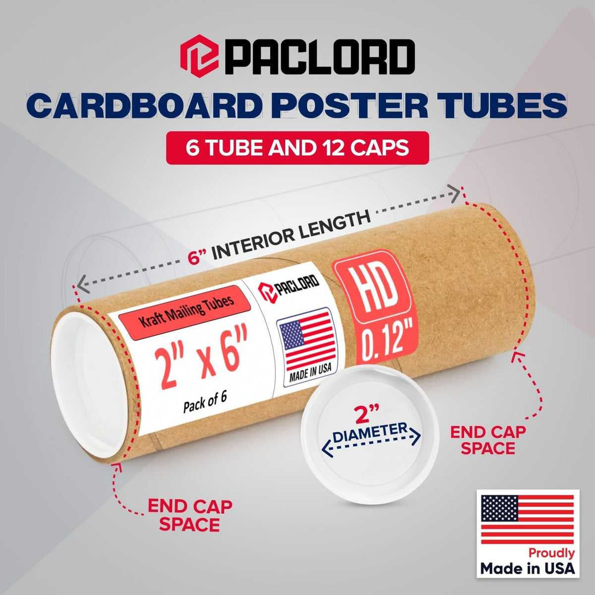2" x 6" Heavy-Duty Reinforced Cardboard Mailing Tube, Pack of 6 Tubes with 12 Caps – Secure USPS Approved – Great for Shipping and Storing of Prints, Artwork, Posters or Documents