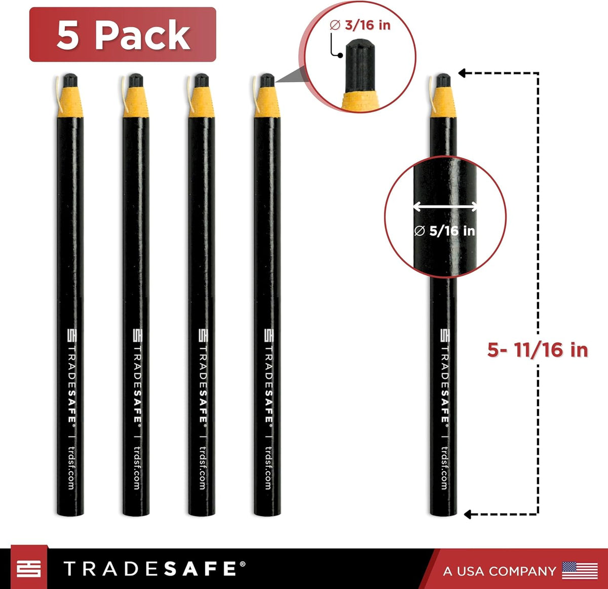TRADESAFE China Markers Grease Pencils - 5 Black Grease Markers, Peel-Off Wax Pencils for Labeling on Metal, Glass, Vinyl, Wood, Fabric, Rubber, No Sharpening Needed