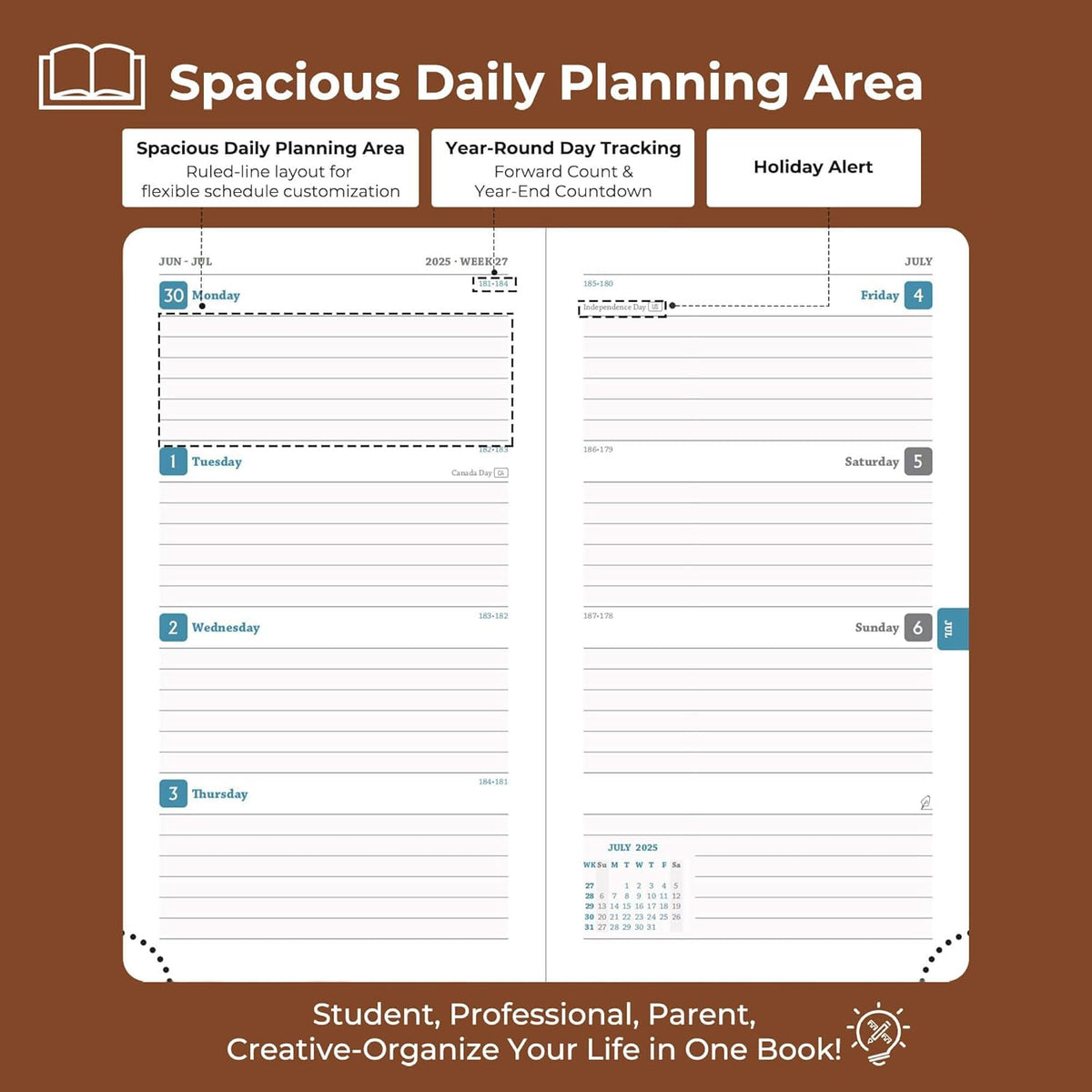 Planner 2025-2026 Daily Weekly and Monthly,6.5"x3.75",18 Months Spiral Bound Calendar Agenda with Self-adhesive Pen Holder,2026 Academic Plan with Vegan Leather Soft Cover,Brown