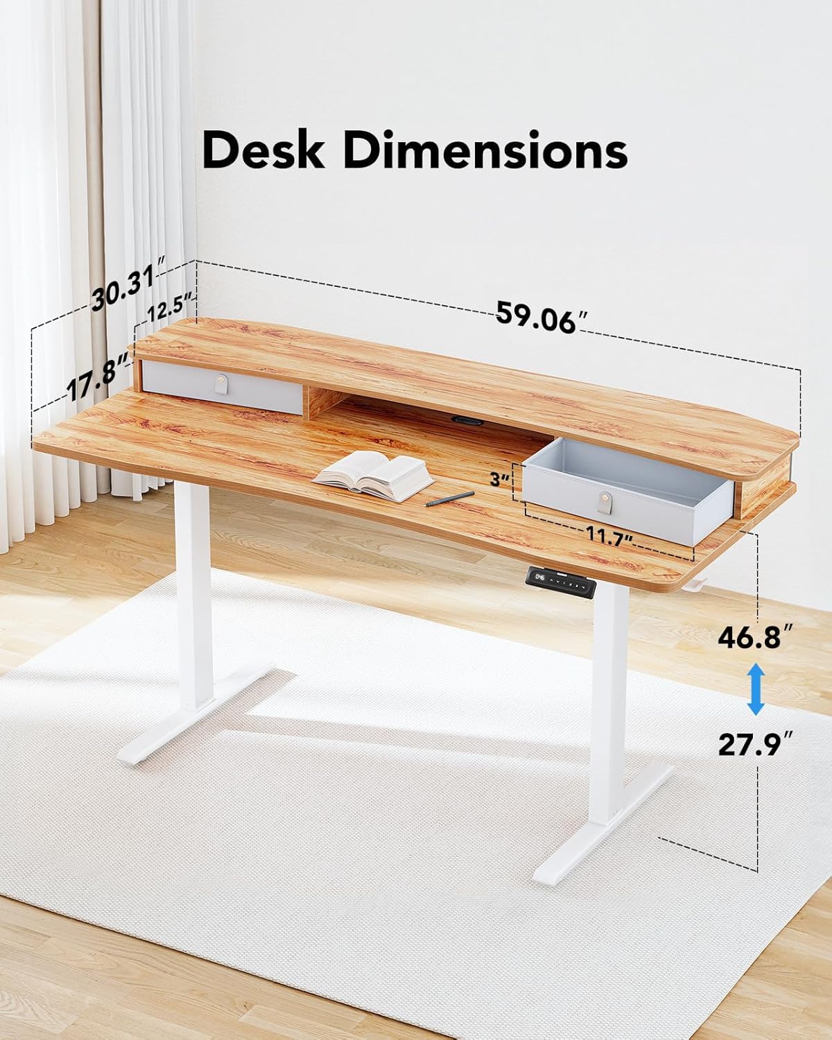 HUANUO 60″ x 30″ Electric Standing Desk with 2 Drawers, C-Clamp Mount Compatible, Height Adjustable, Home Office Stand Up Computer Desk with 4 Preset Heights & 2 Hooks, Light Vintage