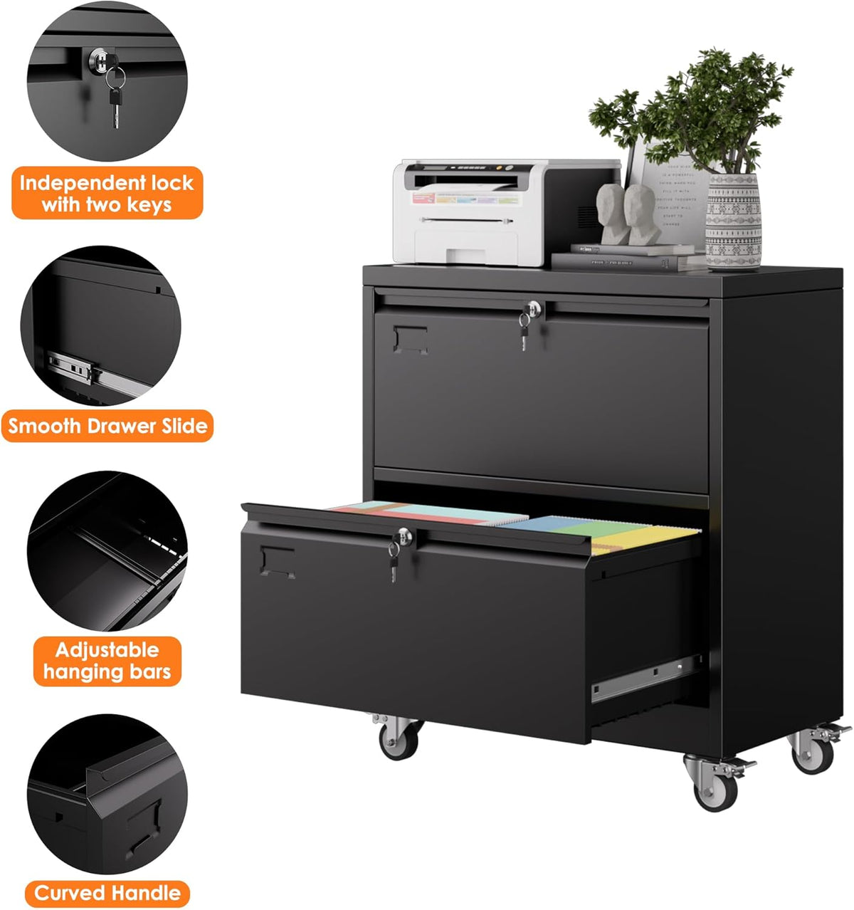 Aobabo Metal 2 Drawer Lateral File Mobile Cabinet with 2 Lock, Flie Cabinet with Wheels and Adjustable File Bars for Office,Home, for Letter/Legal Size, Black, Assembly Required