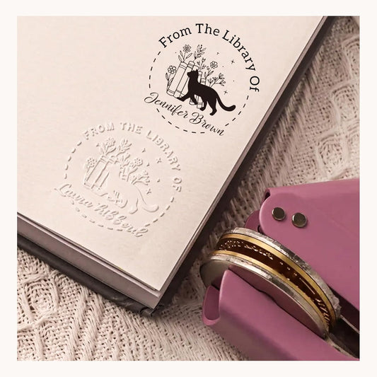 Personalized Book Embosser Stamp with Name & Design, Custom Hand Carved Library Embosser Set, Elegant Invitation Seal of Self-Inking from Library Stamp Kit (Pet Design)