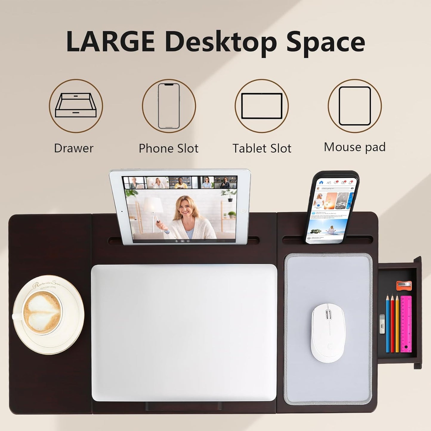 Nnewvante Laptop Bed Desk Bamboo Lap Table with Tablet Slot Height & Angle Adjustable Computer Lap Desk with Drawer Breakfast Serving Tray for Bed Floor, Black Walnut