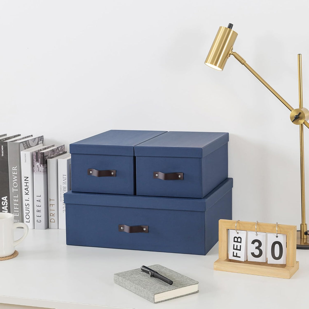 Soul & Lane Decorative Storage Boxes with Lids - Set of 3 (One Large and Two Medium), Sturdy Cardboard Organizers for Photos, Versatile Boxes with Handles for Office & Home, Navy