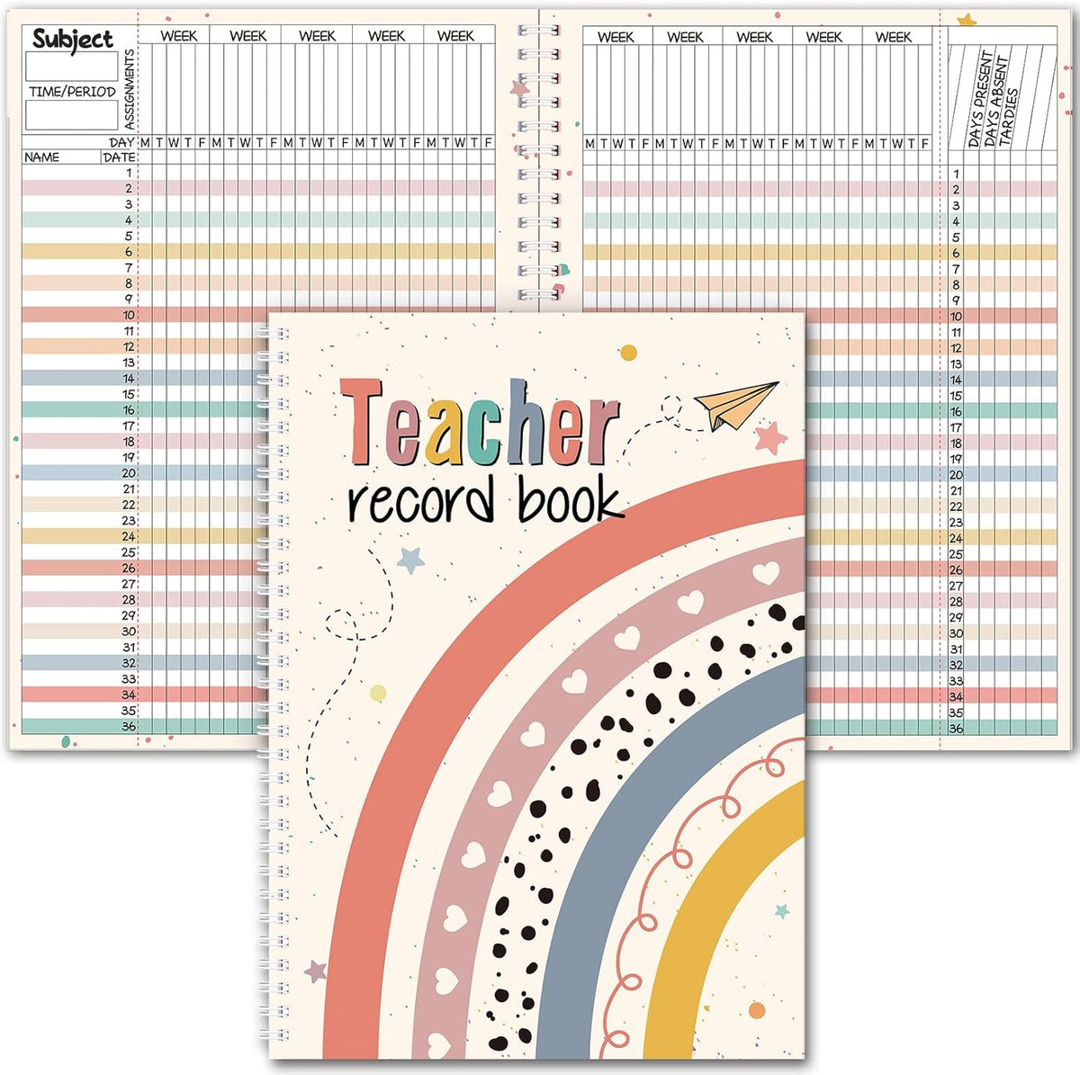 Teacher Record Book Teacher Grade Book Spiral Bound Record Class Gradebook Office Favors Gift for Classroom Attendance Supplies Decoration Double Sided Color Printing(Boho Heart Dot)