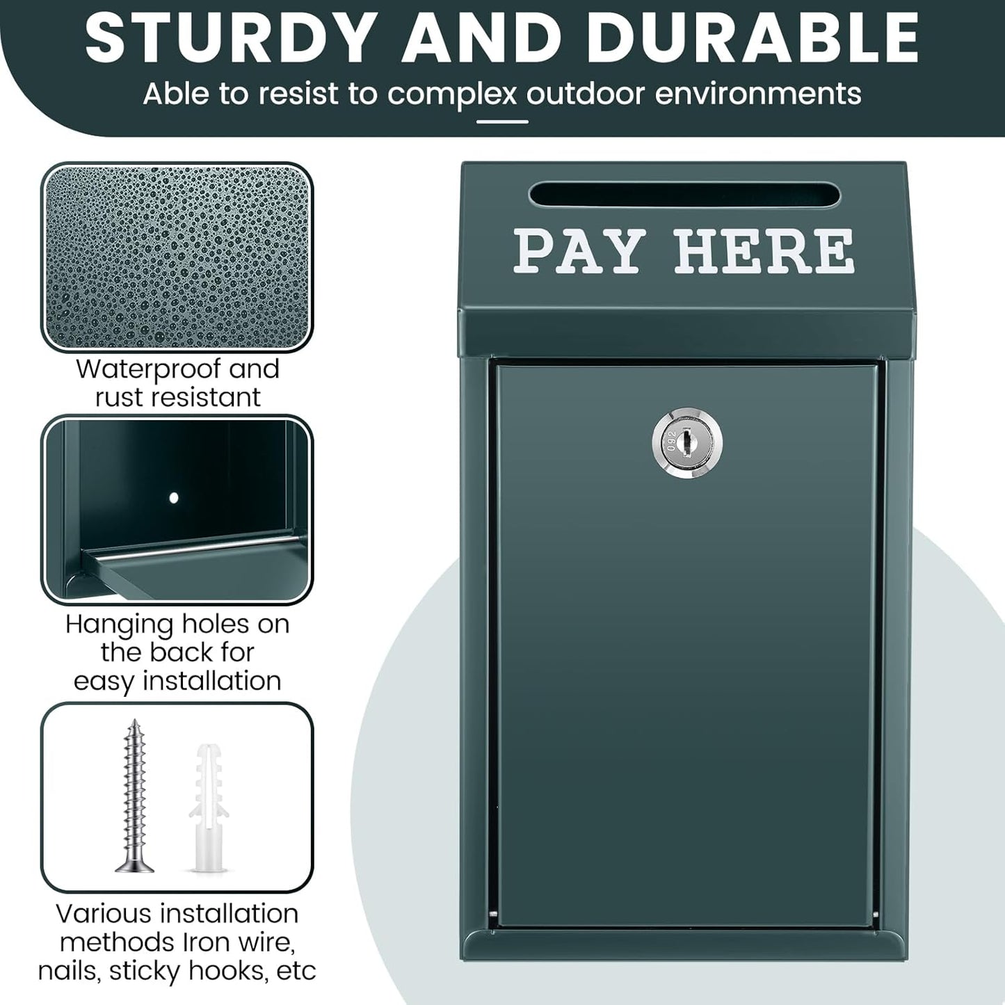 Safe Cash Box Money Collection Metal Donation Box with Lock Wall Mount Pre Drilled Mailbox Delivery Ballot for Home Office Outdoor Self Serve Stand(Dark Green,10.2 x 5.7 x 2.8 Inch)