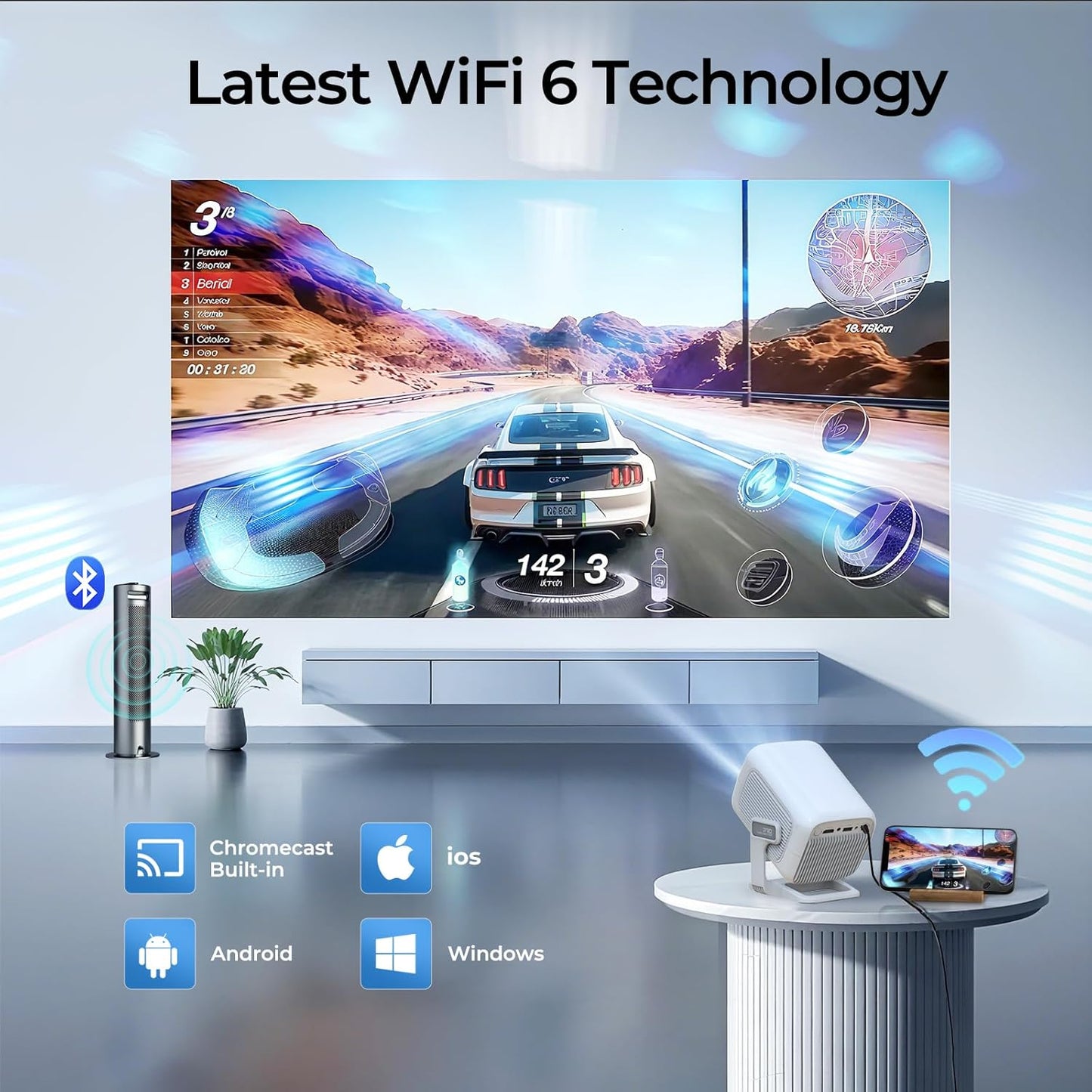 [Compatible with Netflix] Smart Projector Google CTS Approved Native 1080P FHD 4K Support 12000 Lumens, Stream Apps Licensed,Auto Focus&Keystone,Mini Projector Android 13 OS,WiFi 6 Bluetooth 5.4 N300