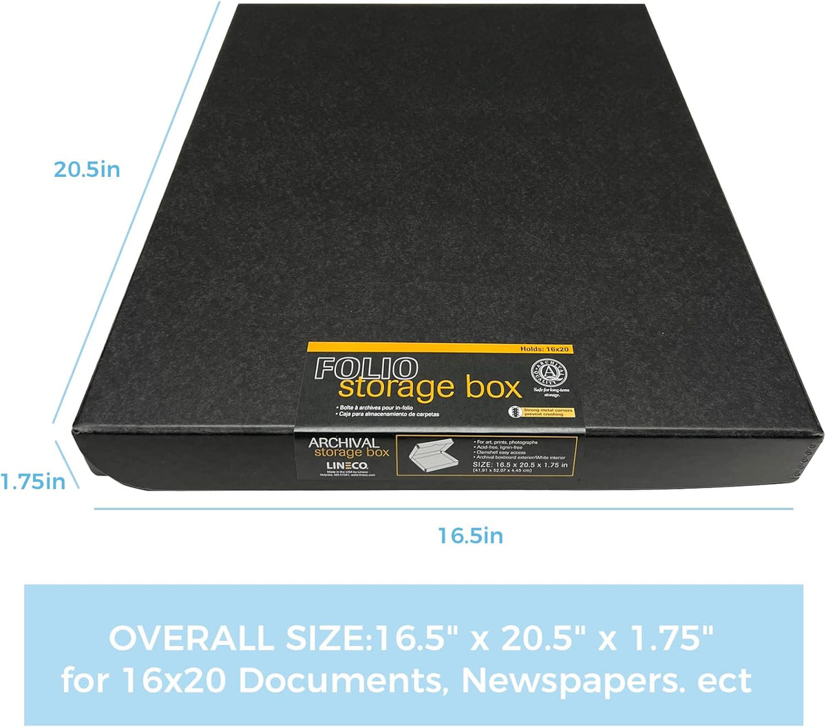 Lineco Clamshell Folio Storage Box, 16.5" x 20.5" x 1.75" Prints, Metal Edge Archival Boxboard, Color: Black