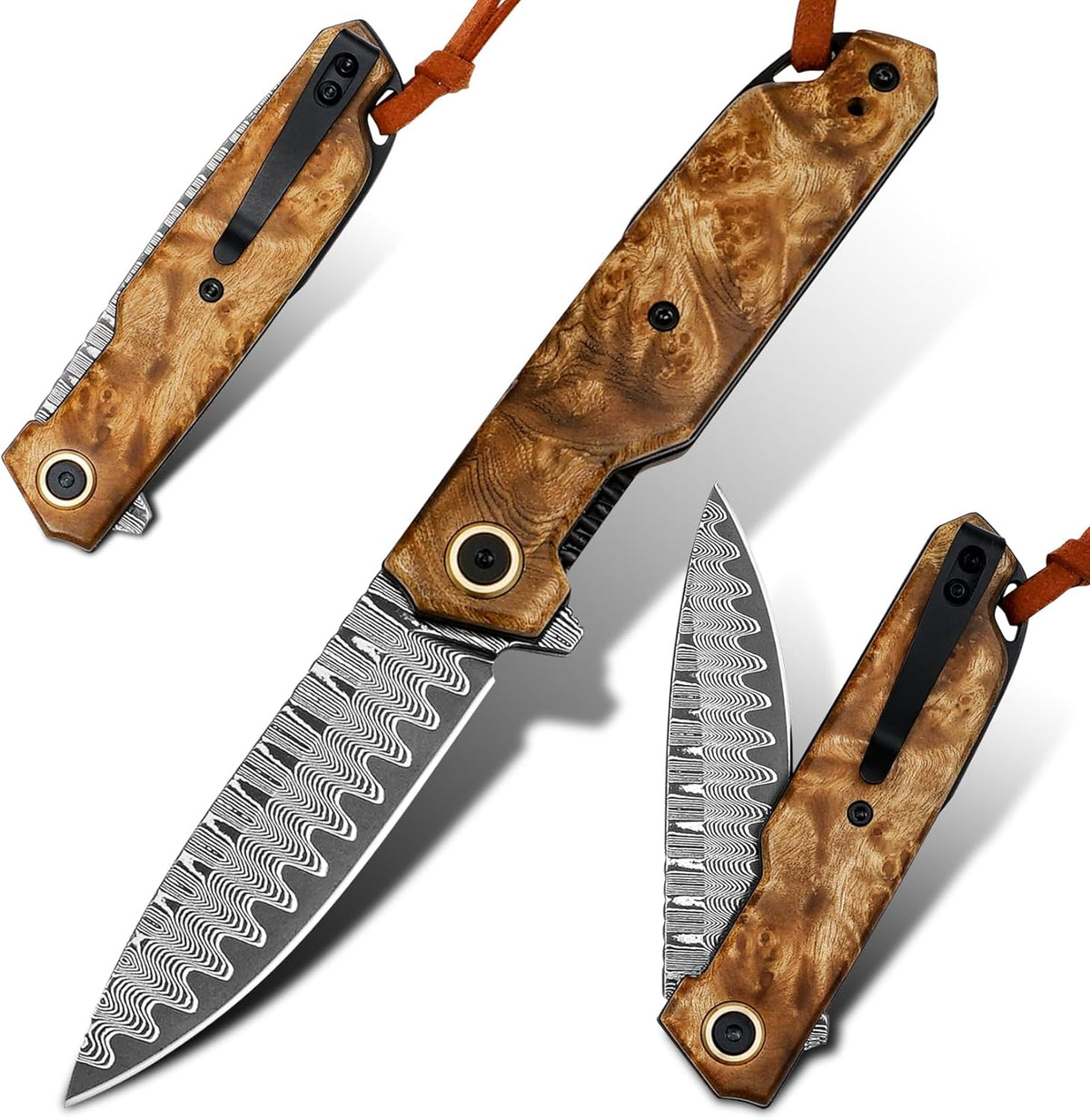 VNLA Damascus Folding Pocket Knife,Handmade knife,Forged Damascus Steel Blade,handle made of maple Wood leaf.with Reversible Pocket Clip,Suitable for Hiking carry EDC