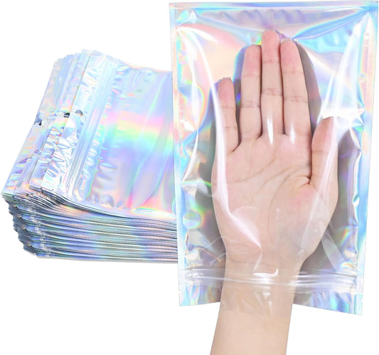 100 Pack Holographic Resealable Plastic Bags for Food Storage, Zipper Bags with Clear Front Window, Packaging Pouch for Small Business (7.2x10.4 inch)