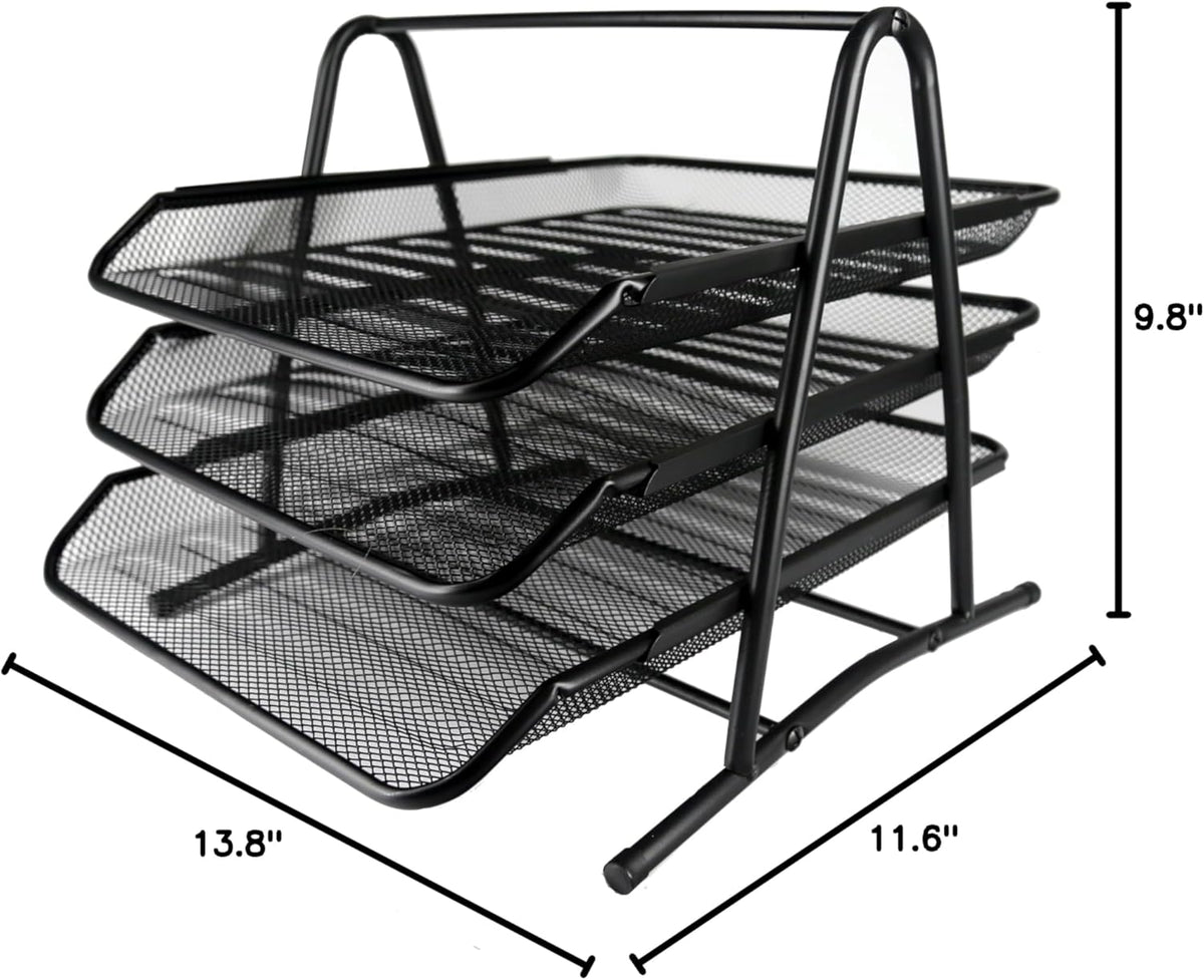 Huron Desktop Horizontal File Binder Organizer Storage Letter Tray, 3 Slot, Black Steel Mesh