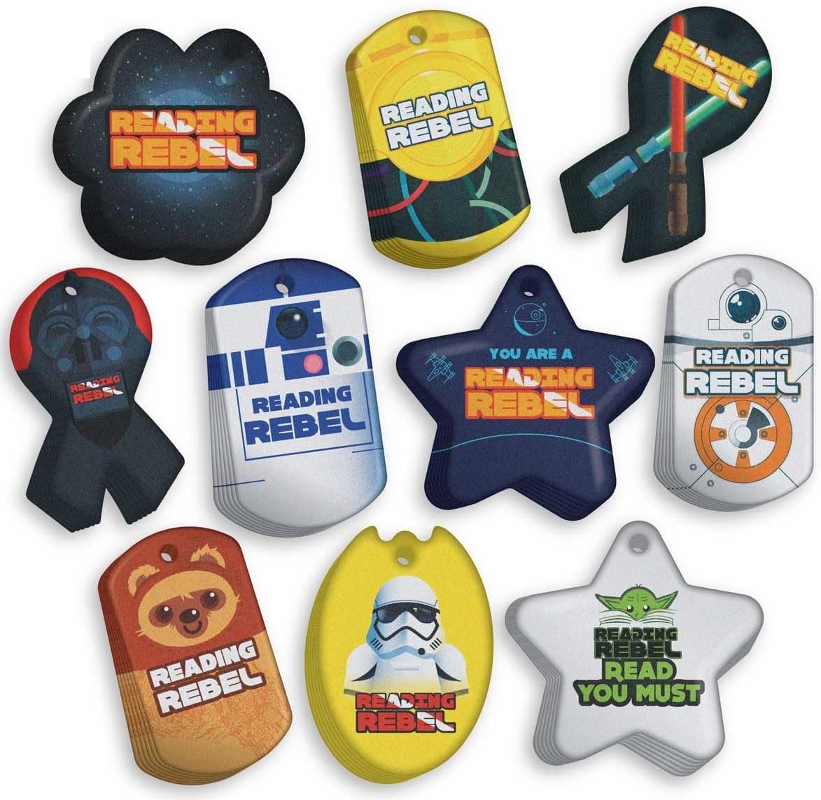 Reading Rebel Brag Tag Value Pack: Wearable Incentives for Young Readers 100 Tags (10 Tags for Each Design) + 25 USA-Made Hypoallergenic Aluminum Safety Chains