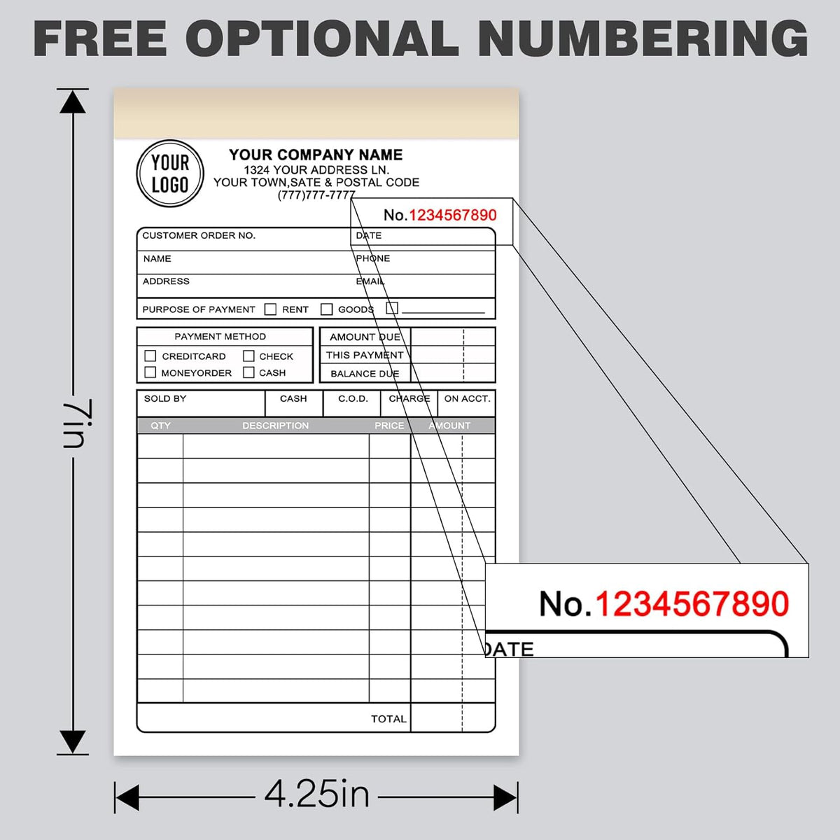 Custom Invoices Receipt Book for Small Business Personalized 3-Part Duplicate Carbonless Logo Receipt Books Sales Payment Forms with Company Name Address Phone Number 100 Sets 4.25" x 7"