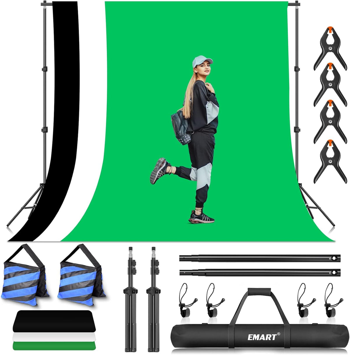 EMART Photo Video Studio Backdrop Stand Kit, 7×10ft Adjustable Photography Support System with Polyester Background(Black/White/Green Screen), Spring Clamps and Carry Bag for Photoshoot