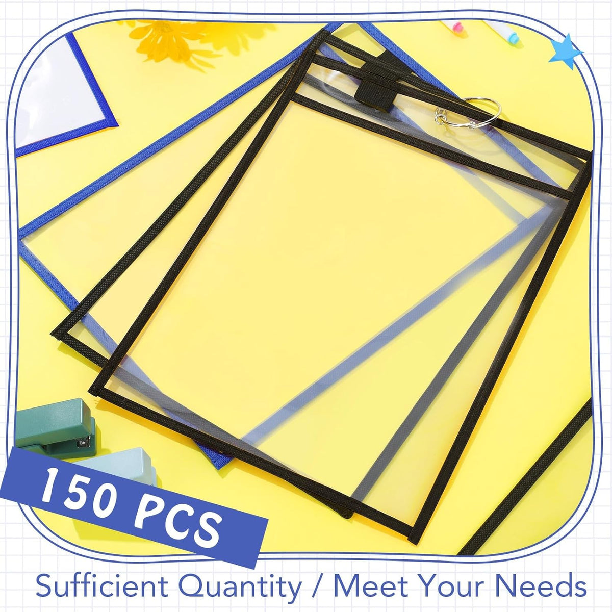 Teling 150 Pcs Dry Erase Pockets Bulk Reusable Job Ticket Holders Clear Plastic Sleeve Protector Work Order Sleeve Shop Ticket Holder for Welcome Teacher Back Office Supplies(10 x 14'',Black Blue)