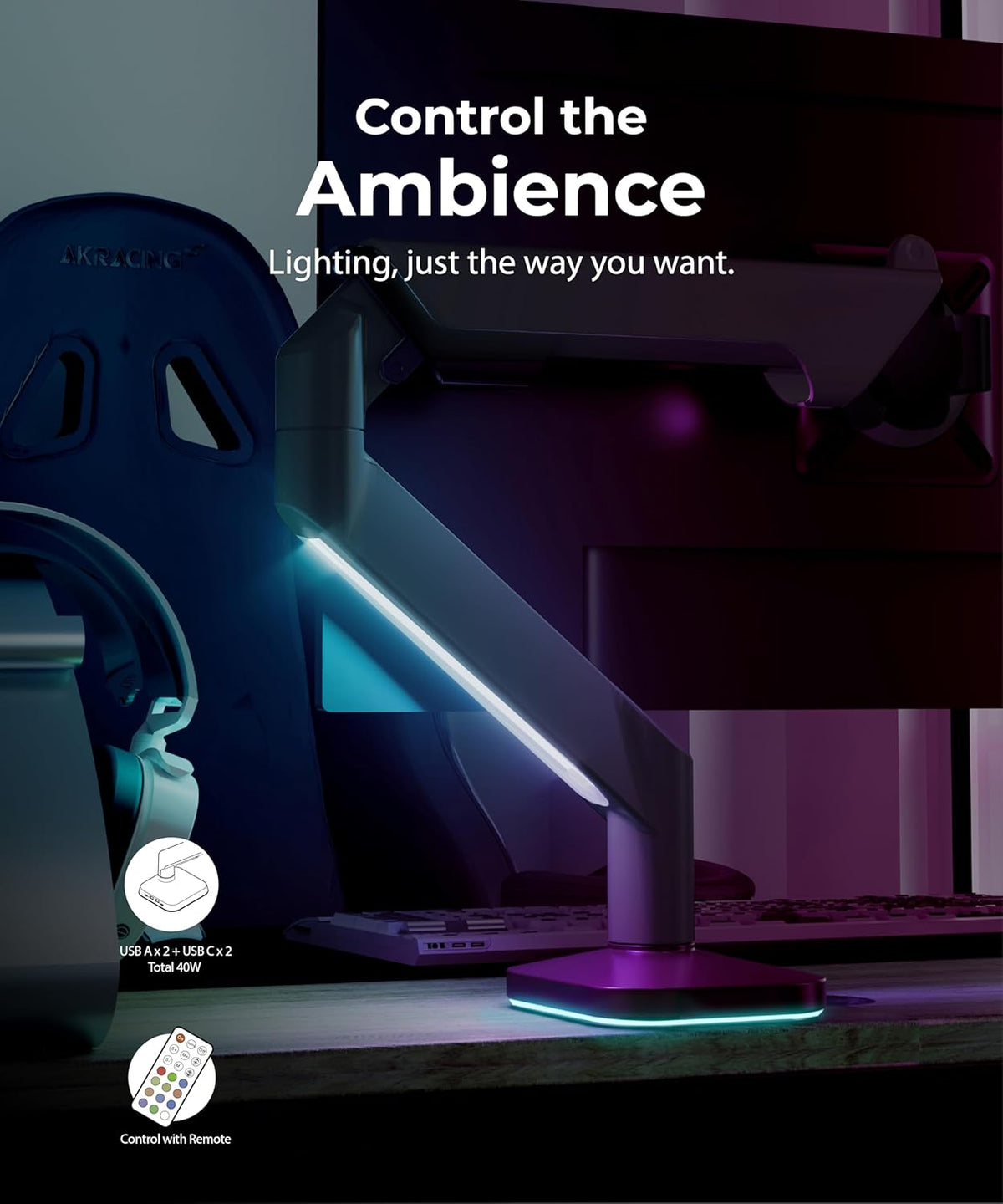 Heavy Duty Ultrawide Monitor Arm with RGB Lighting & USB Charging, Fits 34 to 49 inch Curved Screens, Supports 14 to 38 lbs, Adjustable Desk Mount, Compatible with Gaming Setup, White