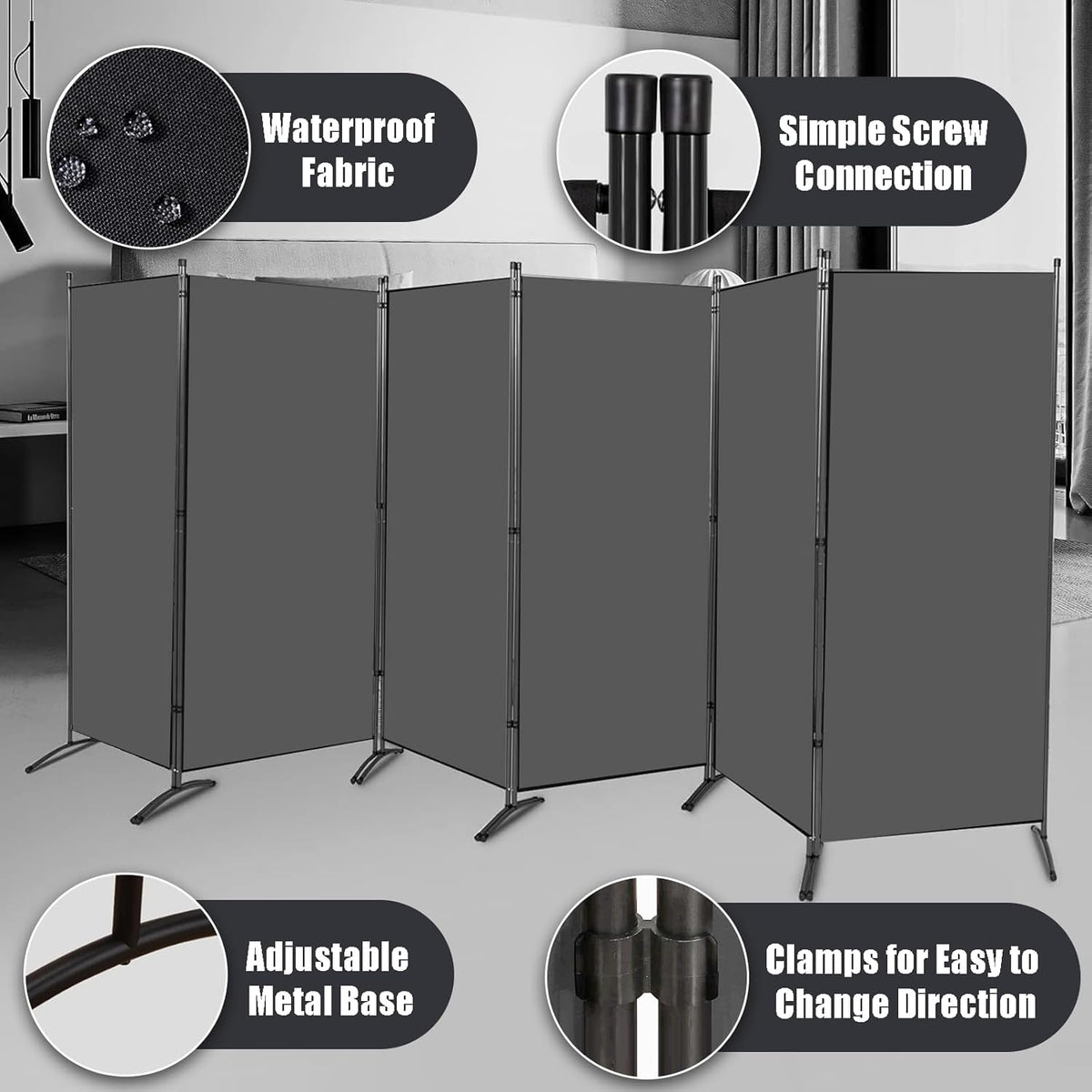 Room Divider-6 Panels Grey Folding Privacy Screens, 6 ft Partition Room Dividers Wall for Separation, Home, Office, Classroom, Studio