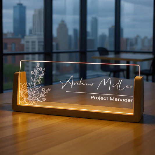 Custom Name Plate for Desk with Light Up Acrylic & Wooden Base - Personalized Office Sign for Teacher, Boss, Coworker - Employee Appreciation Gift for Educators Professionals