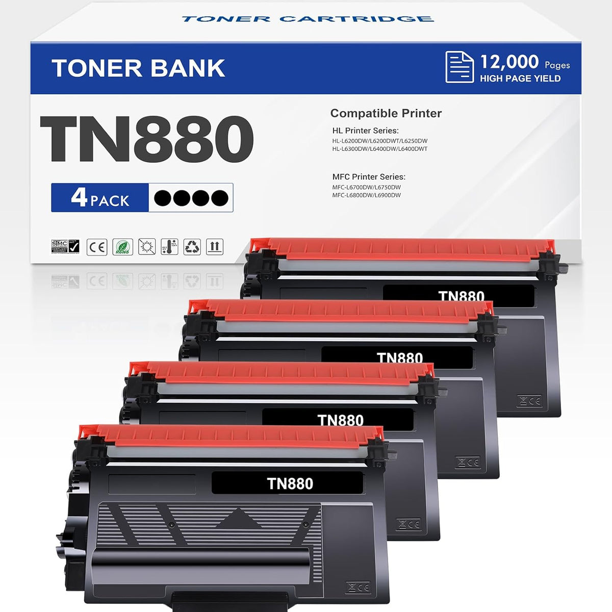 TN880 Super High Yield Black Toner Cartridge 4-Pack Compatible Replacement for Brother TN880 TN-880 TN 880 for HL-L6200DW L6200DWT L6400DW L6400DWT MFC-L6700DW L6800DW L6900DW Printer