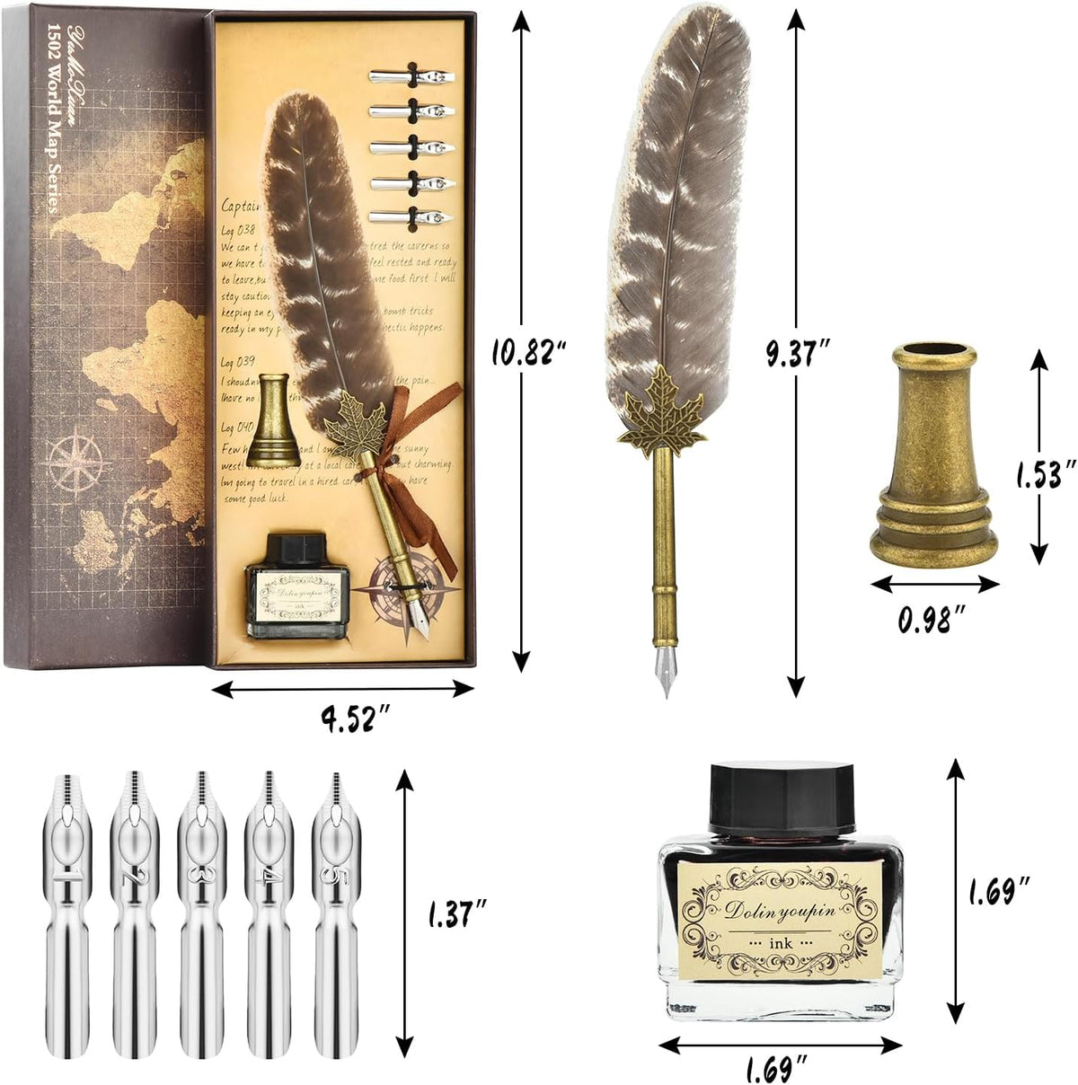 Hethrone Feather Pen and Ink Set - Calligraphy Quill Pen Set Includes Dip Pen, 5 Replacement Nibs and Pen Holder for Writing Lovers (Brown)