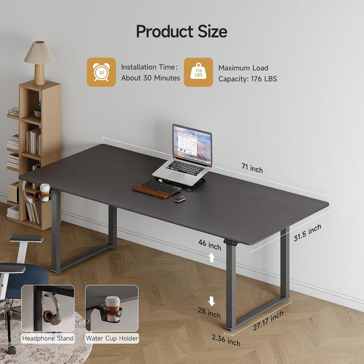 Standing Desk, 71x32 Inches Rectangle Stand Up Desk with 4 Legs, Dual Motor and Memory Controller, Adjustable Height from 28-46 Inches for Home and Computer Workstation, Black