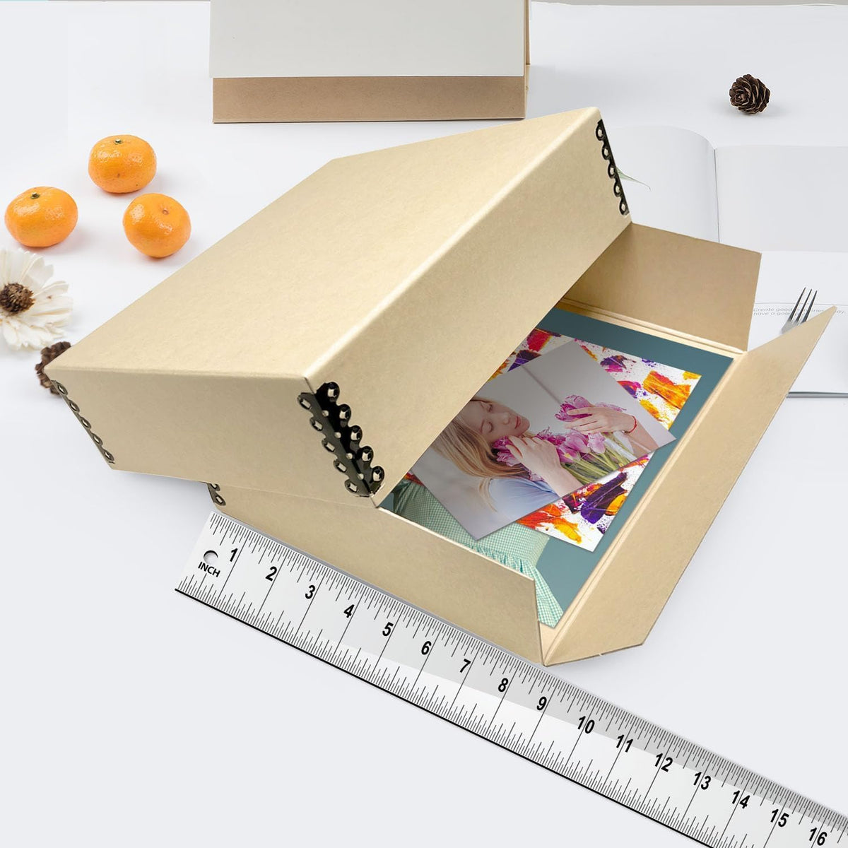 Lineco Museum Archival Storage Box, 8.75x10.75x3 in. Drop Front Design. Acid-Free with Metal Edge. Organize Photos, Pictures, Prints, Documents, Crafts, DIY. Tan, 1 Pack