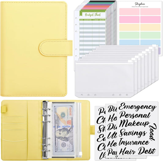 SKYDUE Budget Binder with 8pcs Zipper Envelopes, Money Organizer for Cash with 12pcs Expense Budget Sheets & 24 Blak Sticky Labels, Budget Book with Cash Envelopes, Yellow, A6 (1008HYJ-HZ_A6Yellow)