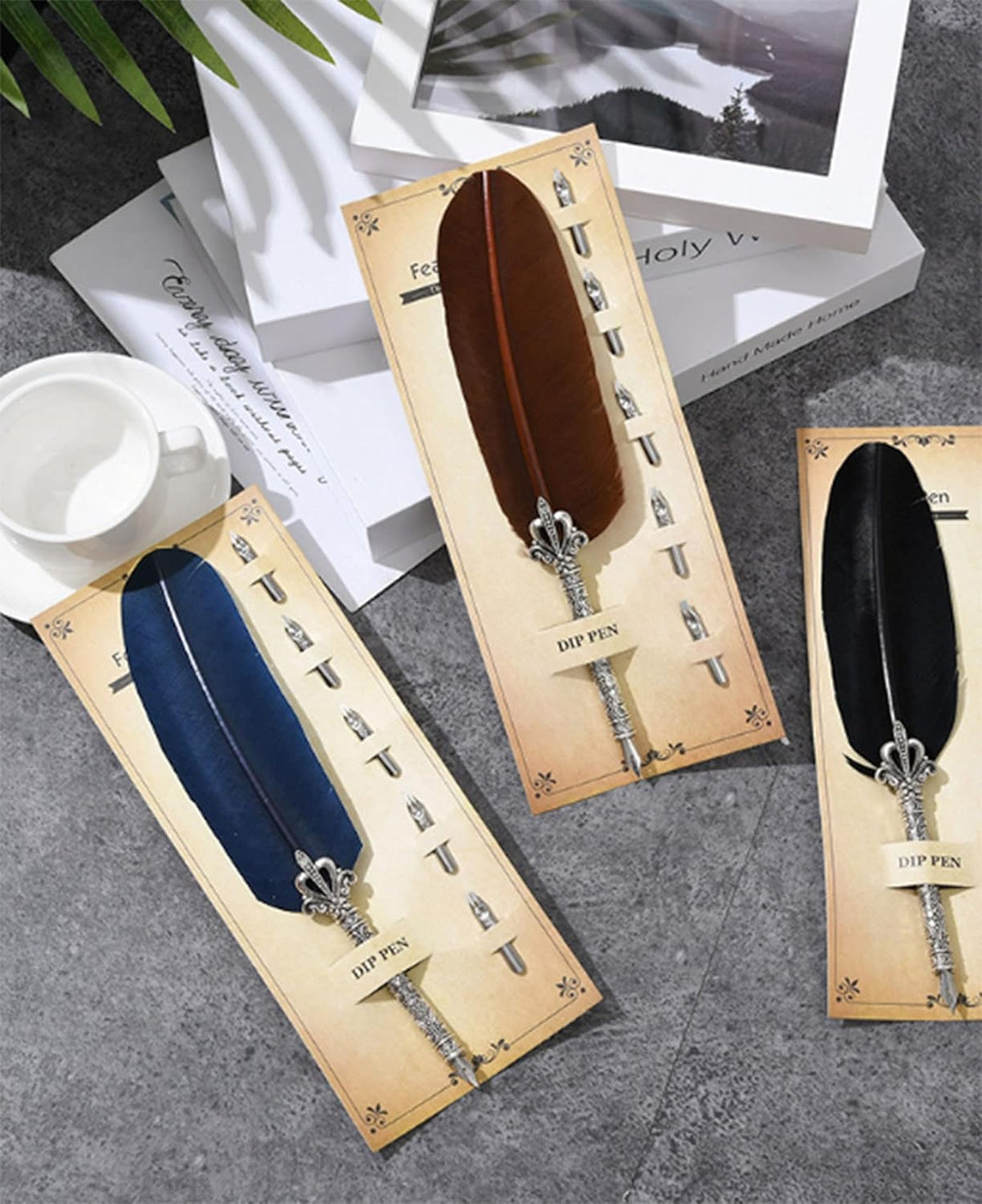 Gullor Calligraphy Feather Quill Pen and 5 Calligraphy Nibs for Beginners Kids Calligraphy Writing Quill Dip Pen Set, Brown