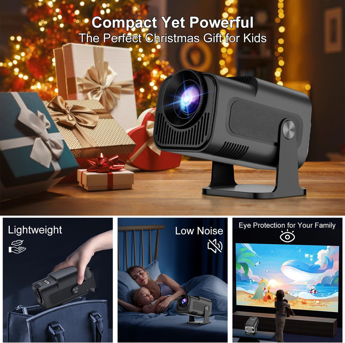 Smart 4K 1080P Projector With Built-in Apps, Wifi Bluetooth, Auto Keystone, Short Throw and 270 Adjustable - Mini Portable Outdoor Movie HY320 HY300 (Black)