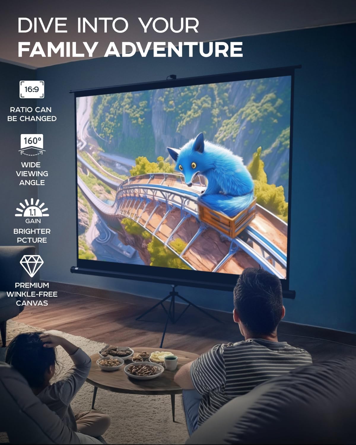 PropVue Projector Screen with Stand 100 inch - Indoor and Outdoor Projection Screen for Movie or Office Presentation - Adjustable from 16:9 to 4:3 HD Premium Wrinkle-Free Tripod Screen