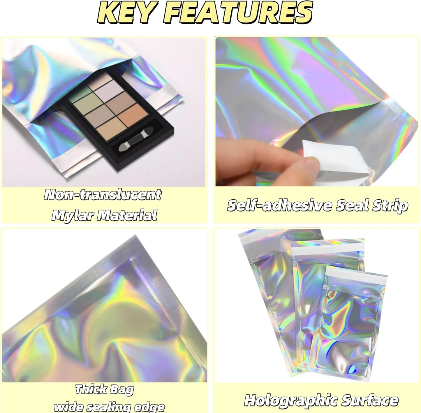 PABCK 100 Pack 6.49x9.06+1.57 inch Holographic Metallic Poly Mailers Self Sealing Packaging Aluminum Foil Glitter Bags Shipping Envelopes Mailing Storage Pouches for Shipping Packaging