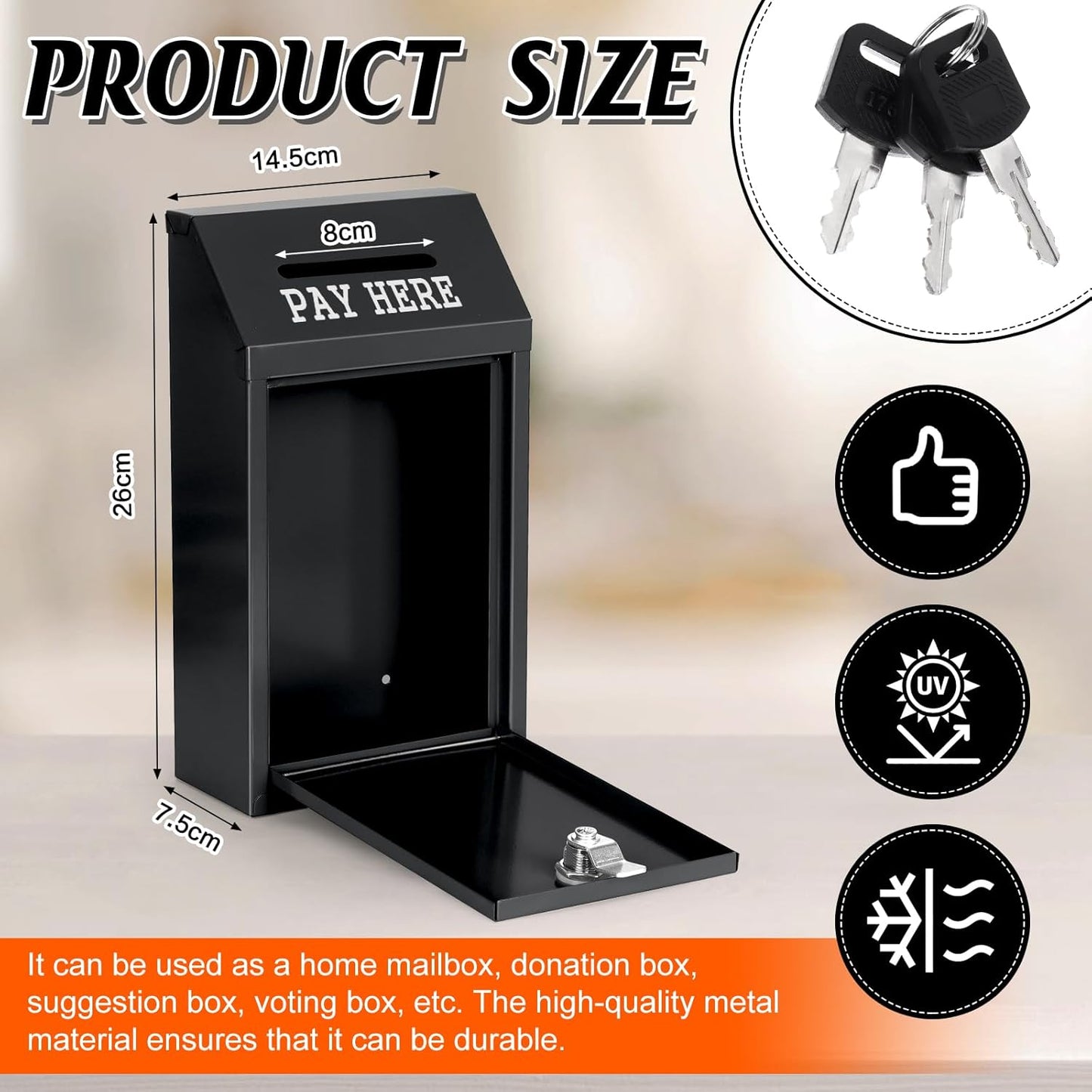 Metal Donation Box Collection Safe Suggestion Box with Lock Wall Mounted Mailbox Delivery Ballot Case Key Drop Case for Home Office Outdoor Door (Balck, 10.24 x 5.71 x 2.95 Inch)