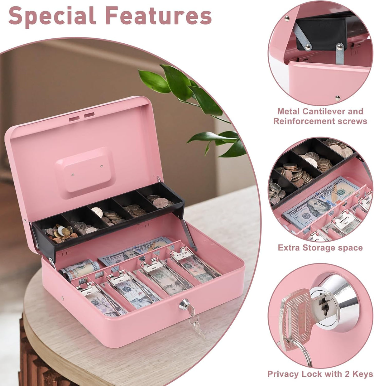 KYODOLED Locking Cash Box with Lock,Money Box with Cash Tray,Lock Safe Box with Key,Money Saving Organizer,11.81Lx 9.45Wx 3.54H Inches,Pink XL Large