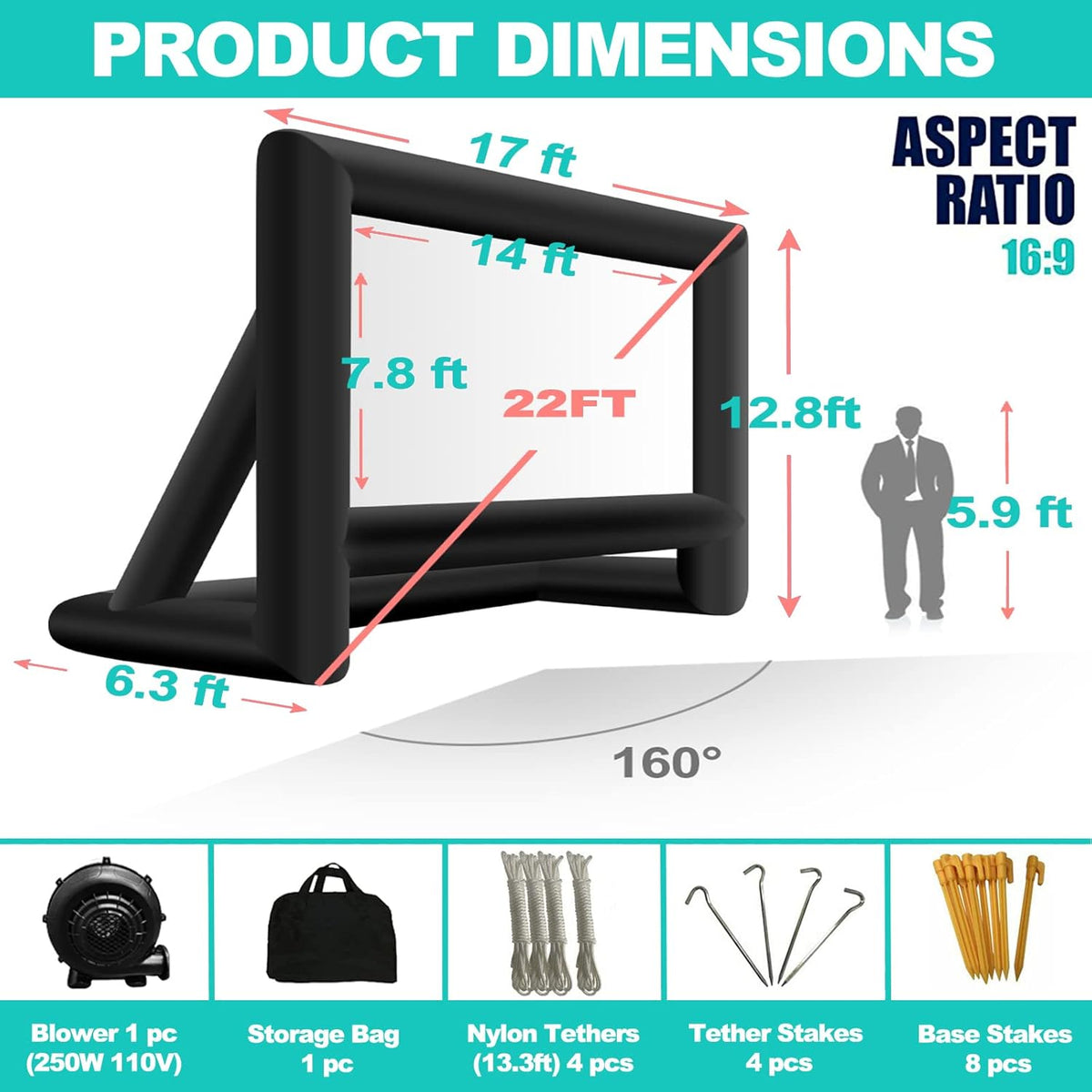 22 Feet Inflatable Projector Screen - Outdoor and Indoor Theater Movie Screens,Includes Rope, Blower,Tent Stakes - Great for Party Backyard Pool Watch Movies